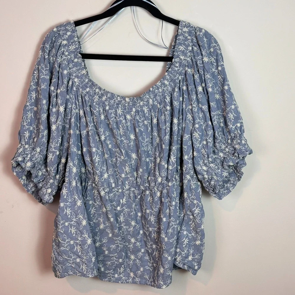 Old Navy Women's Blue Embroidered Floral Smocked Puff Sleeve Poplin Top SZ 3X